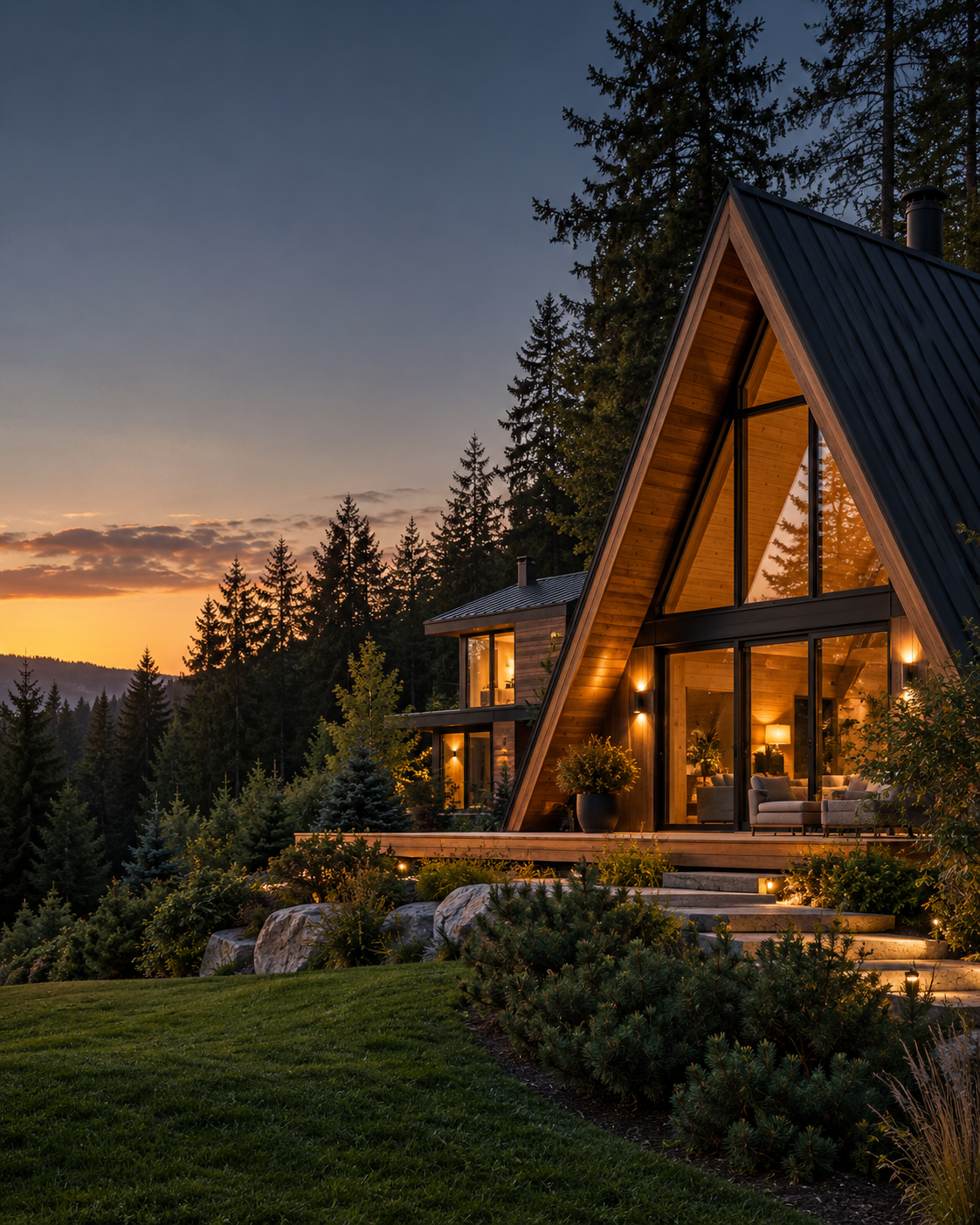 Imagine arhitecturală de prezentare cu o cabană A-frame din lemn, într-un cadru de pădure